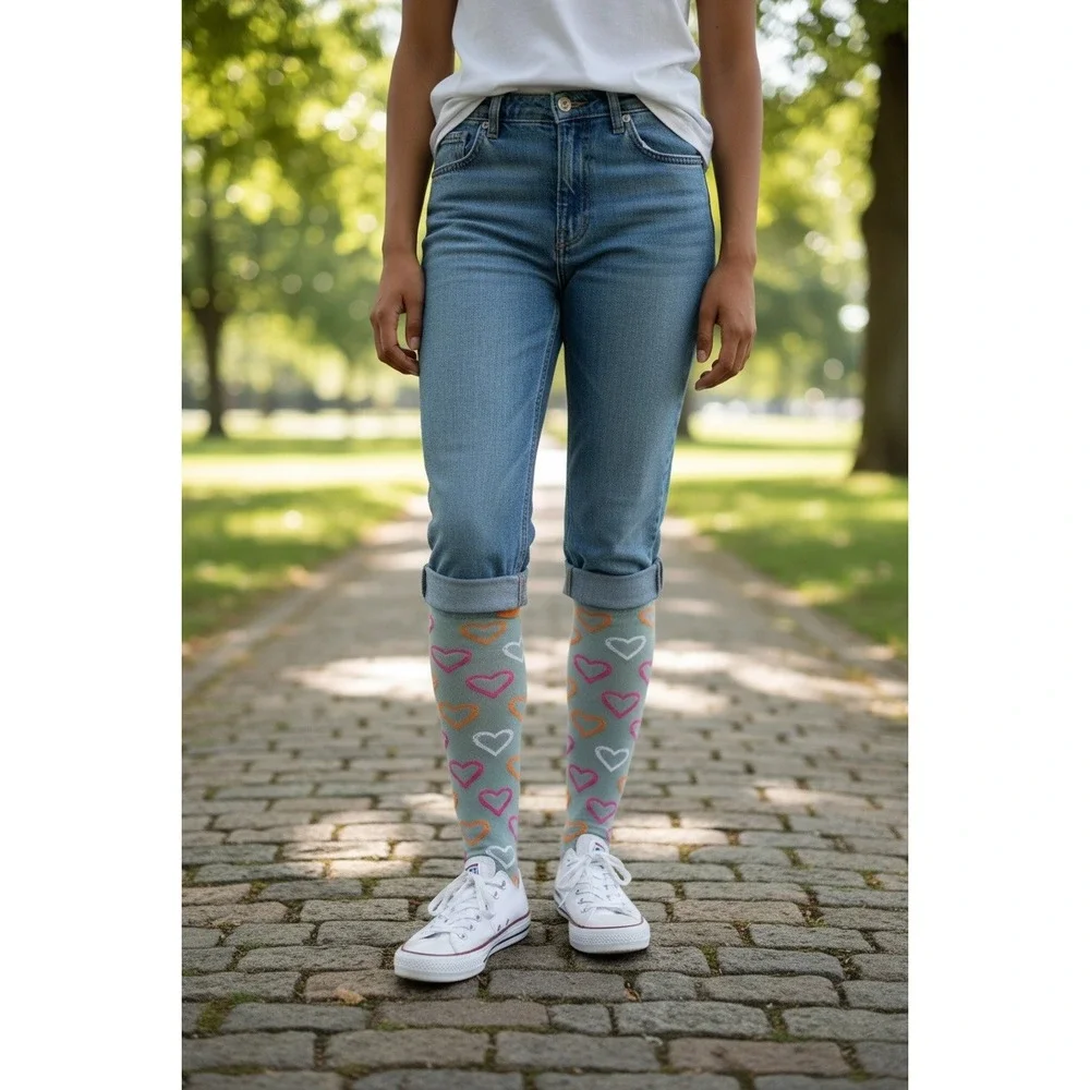 EXTREME FIT Women Knee High Socks Heart Pattern Pink Orange White‎ Gray
